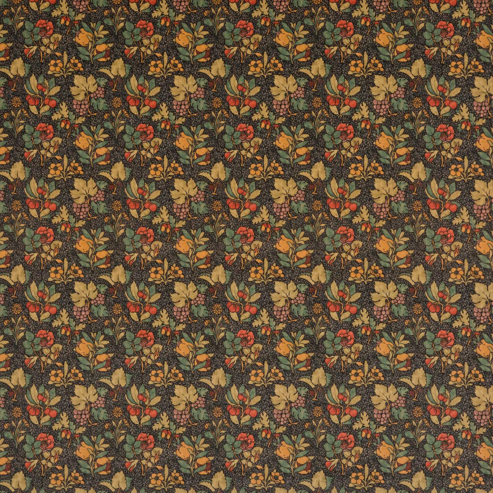 Cinder velvet with small muted fruit, flower and foliage motifs in olive, ochre and russet