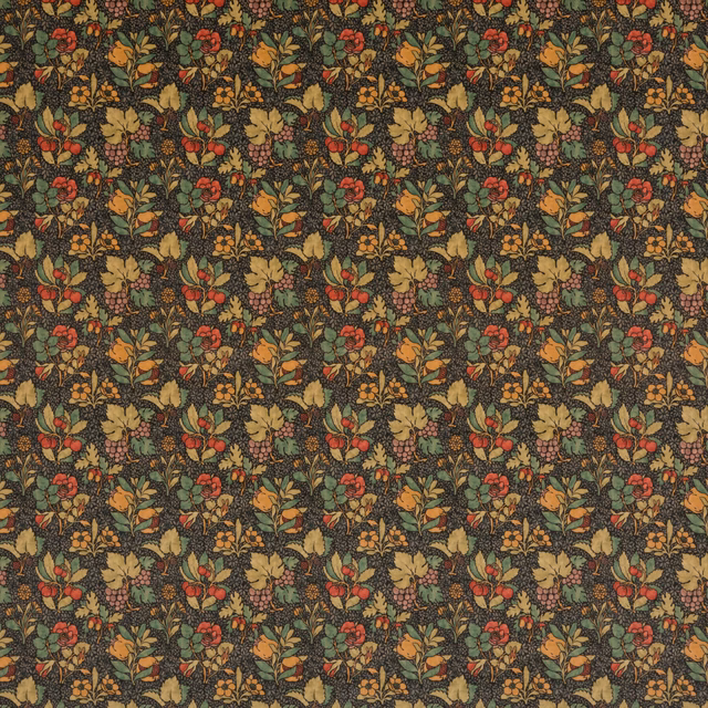 Cinder velvet with small muted fruit, flower and foliage motifs in olive, ochre and russet