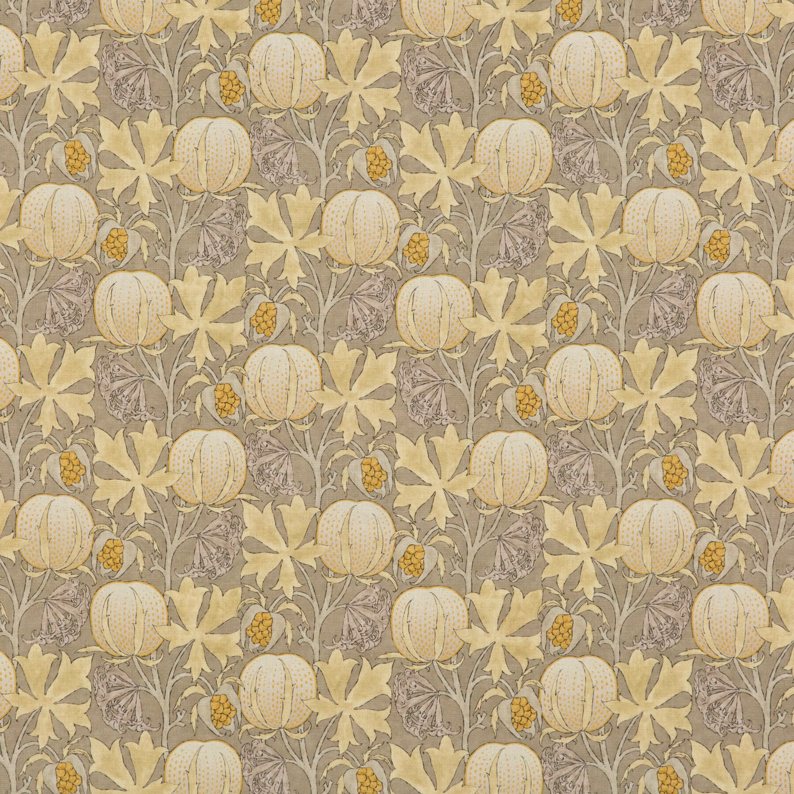 Warm grey fabric with ochre pumpkins, cream leaves and scrolling botanical stems