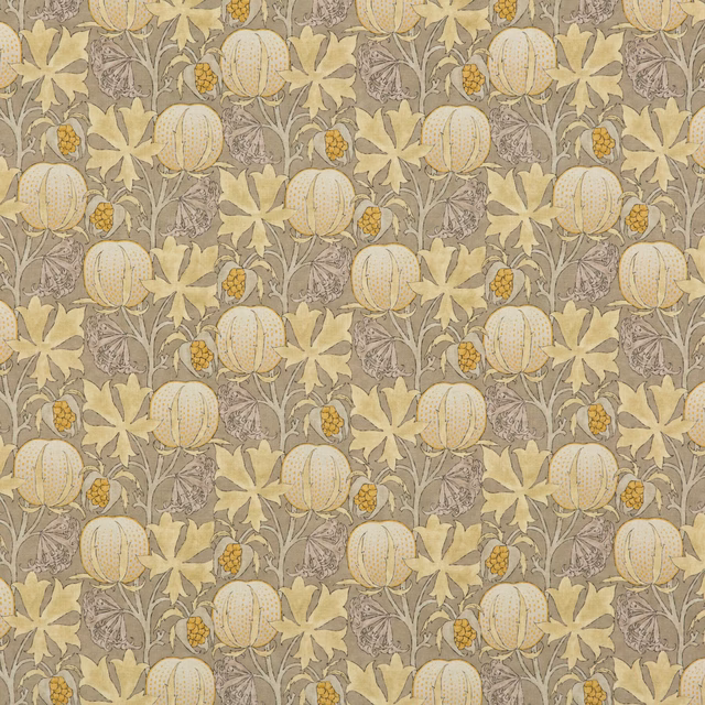 Warm grey fabric with ochre pumpkins, cream leaves and scrolling botanical stems