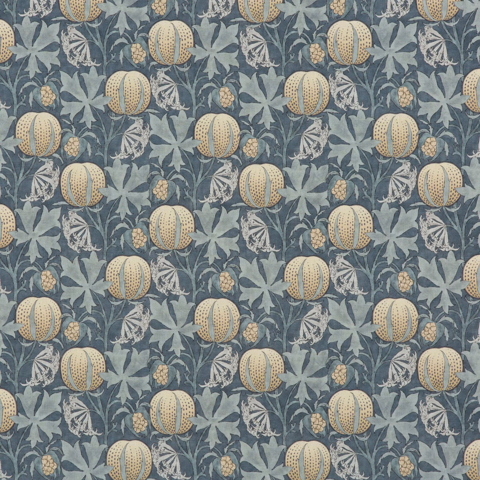 Muted indigo fabric with cream pumpkins, blue-grey leaves and curling botanical stems