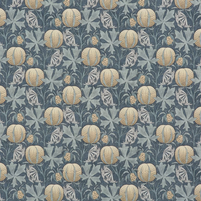 Muted indigo fabric with cream pumpkins, blue-grey leaves and curling botanical stems