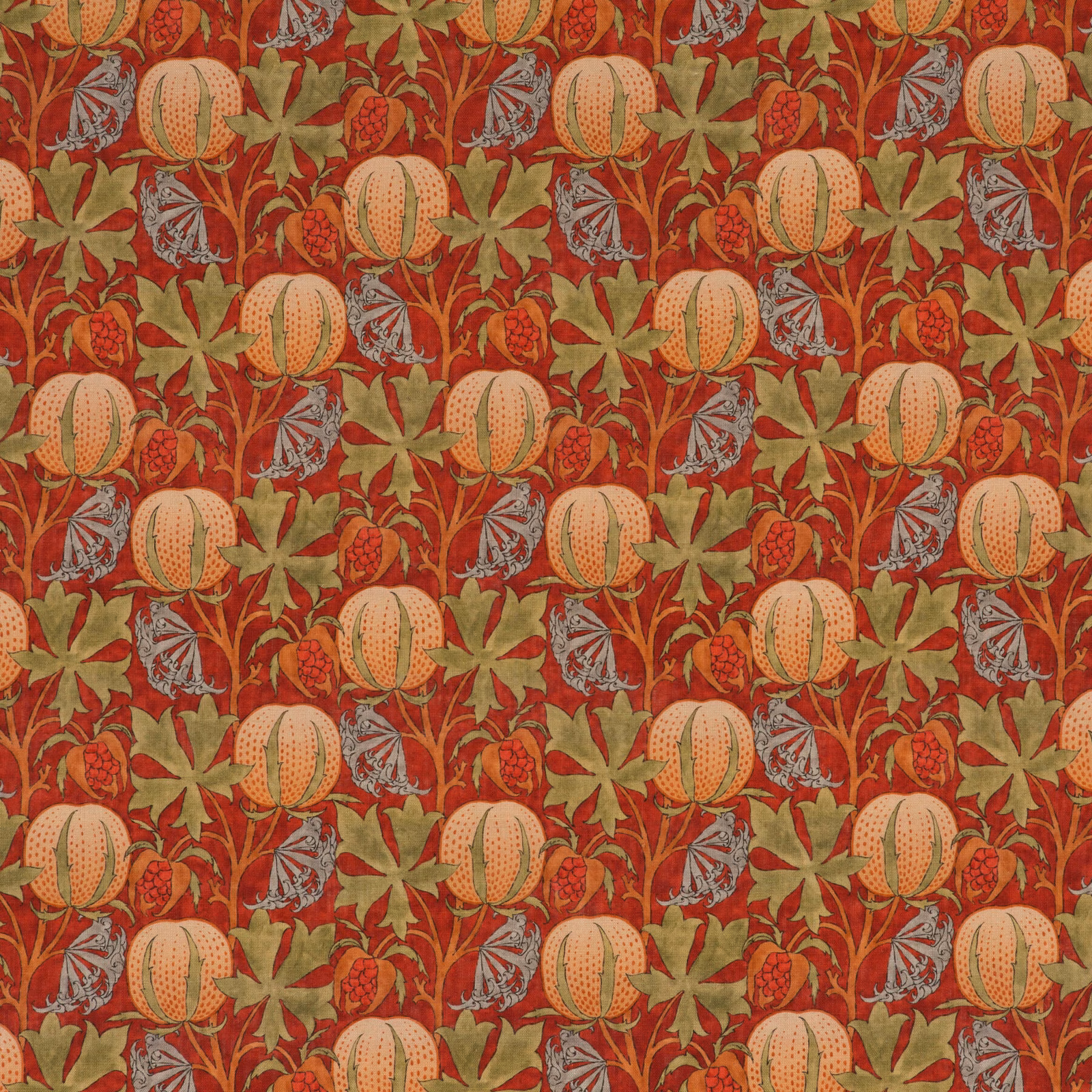 Brick-red pumpkin fabric with olive leaves, peach fruit and blue-grey botanical details