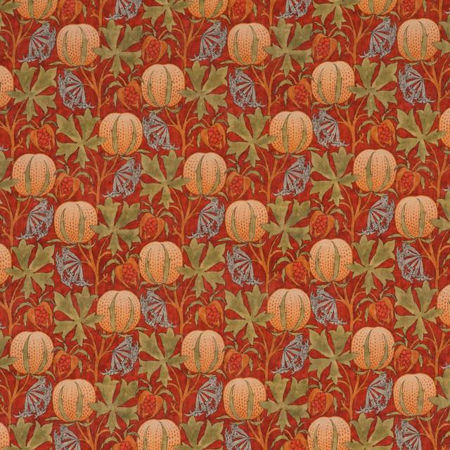 Brick-red pumpkin fabric with olive leaves, peach fruit and blue-grey botanical details