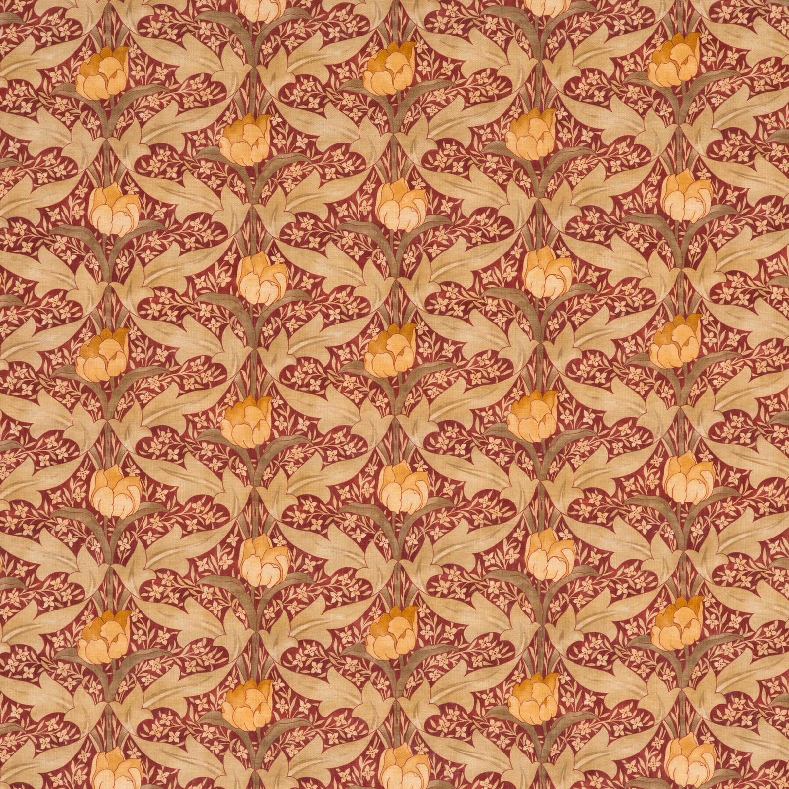 Warm red and ochre tulip floral repeat with cream leaves and scrolling botanical stems