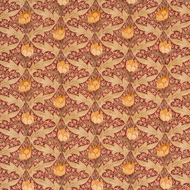 Warm red and ochre tulip floral repeat with cream leaves and scrolling botanical stems