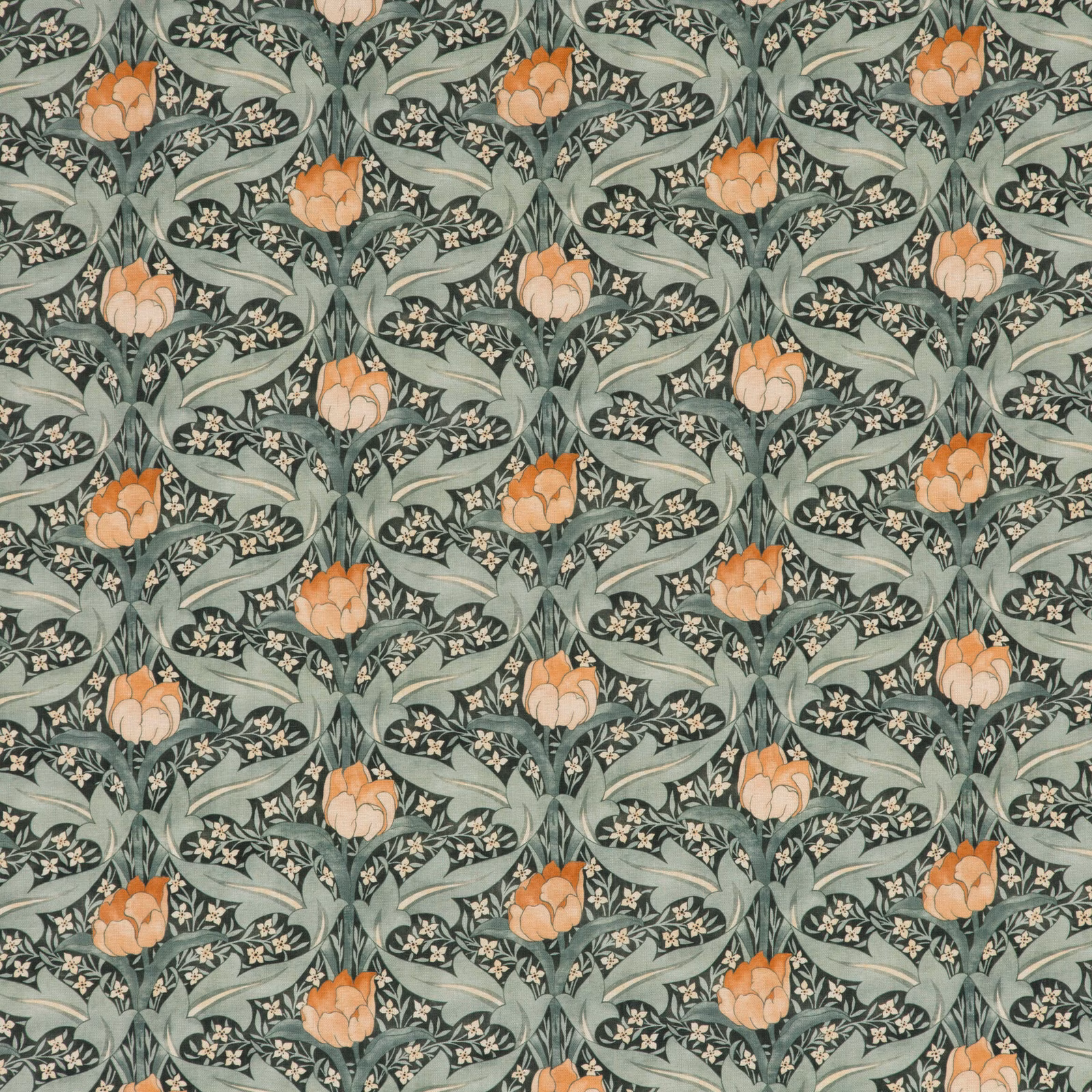 Muted teal botanical fabric with apricot tulips, sage leaves and cream flowers