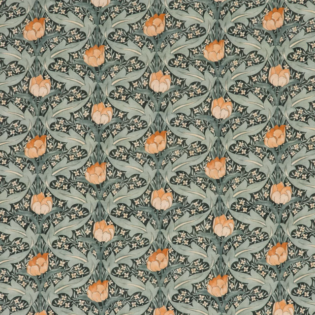 Muted teal botanical fabric with apricot tulips, sage leaves and cream flowers