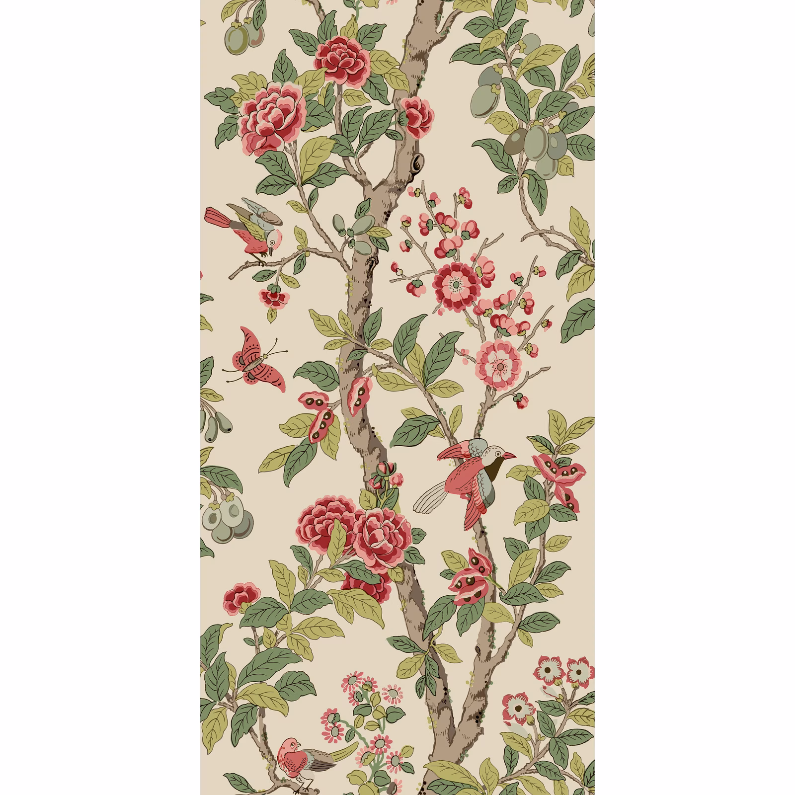 Dusty pink flowering branches with birds and sage leaves on warm ivory wallpaper