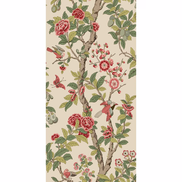 Dusty pink flowering branches with birds and sage leaves on warm ivory wallpaper