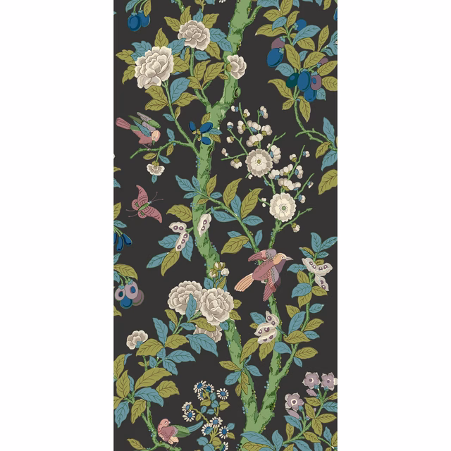 Charcoal wallpaper with emerald branches, cream flowers, birds and jewel-toned berries