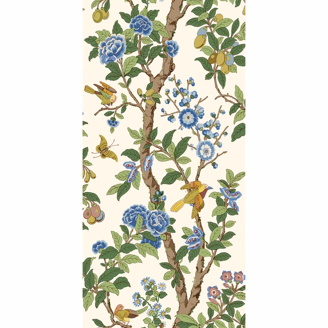 Cream wallpaper with green branches, blue flowers, yellow fruit and small birds