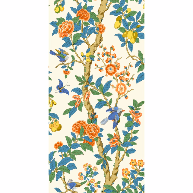 Ivory wallpaper with orange blossoms, blue birds, green leaves and yellow citrus
