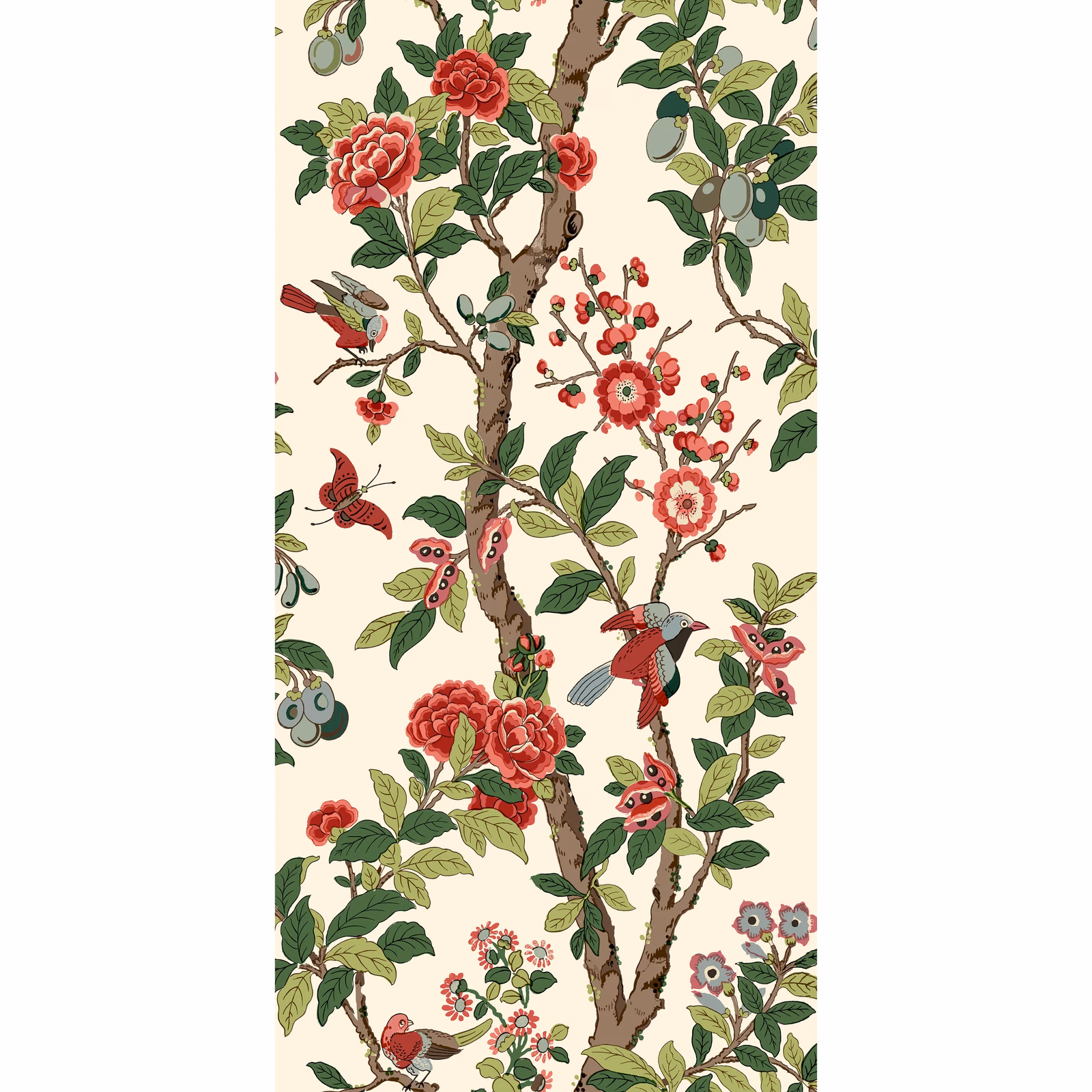 Cream wallpaper with red flowers, green leaves, birds and branching botanical illustration
