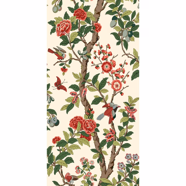 Cream wallpaper with red flowers, green leaves, birds and branching botanical illustration