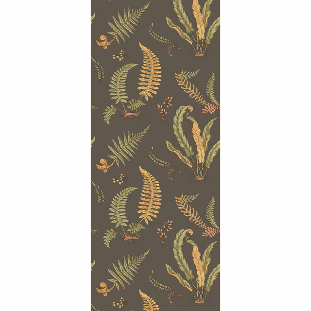 Charcoal wallpaper with olive, ochre and coral fern fronds in a repeating botanical layout