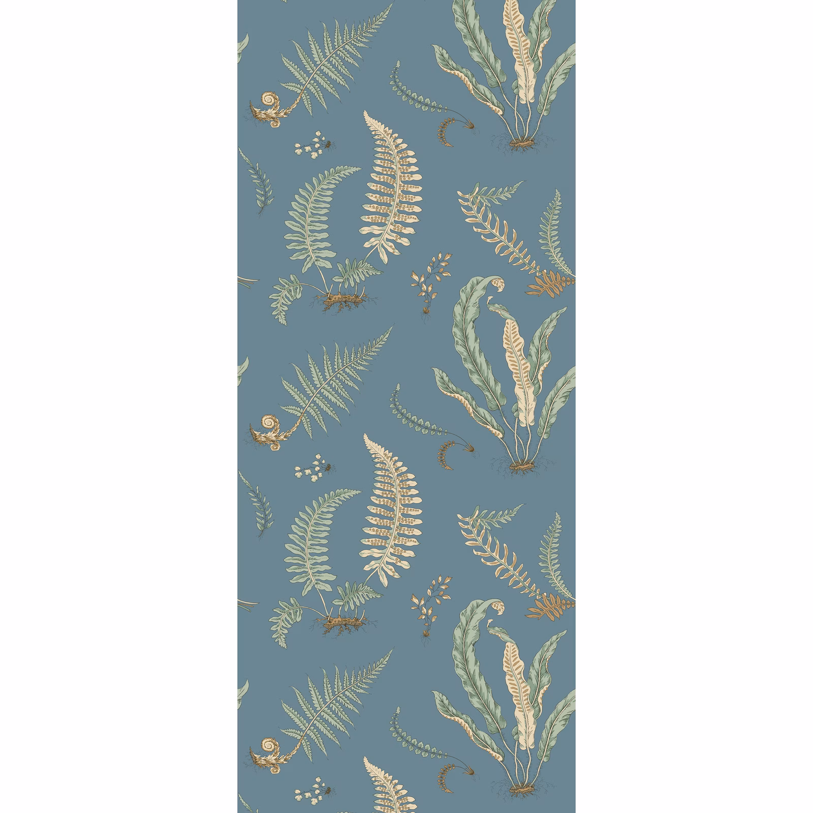 Dusty denim-blue wallpaper with pale sage fern fronds, cream leaves and curling botanical details