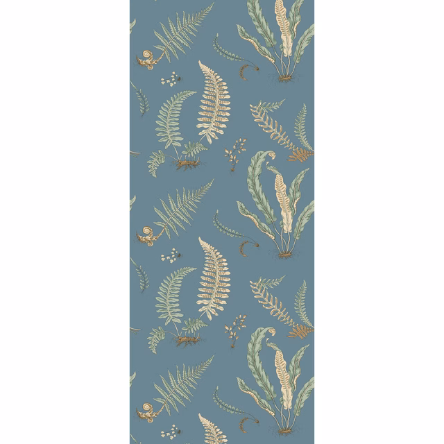 Dusty denim-blue wallpaper with pale sage fern fronds, cream leaves and curling botanical details