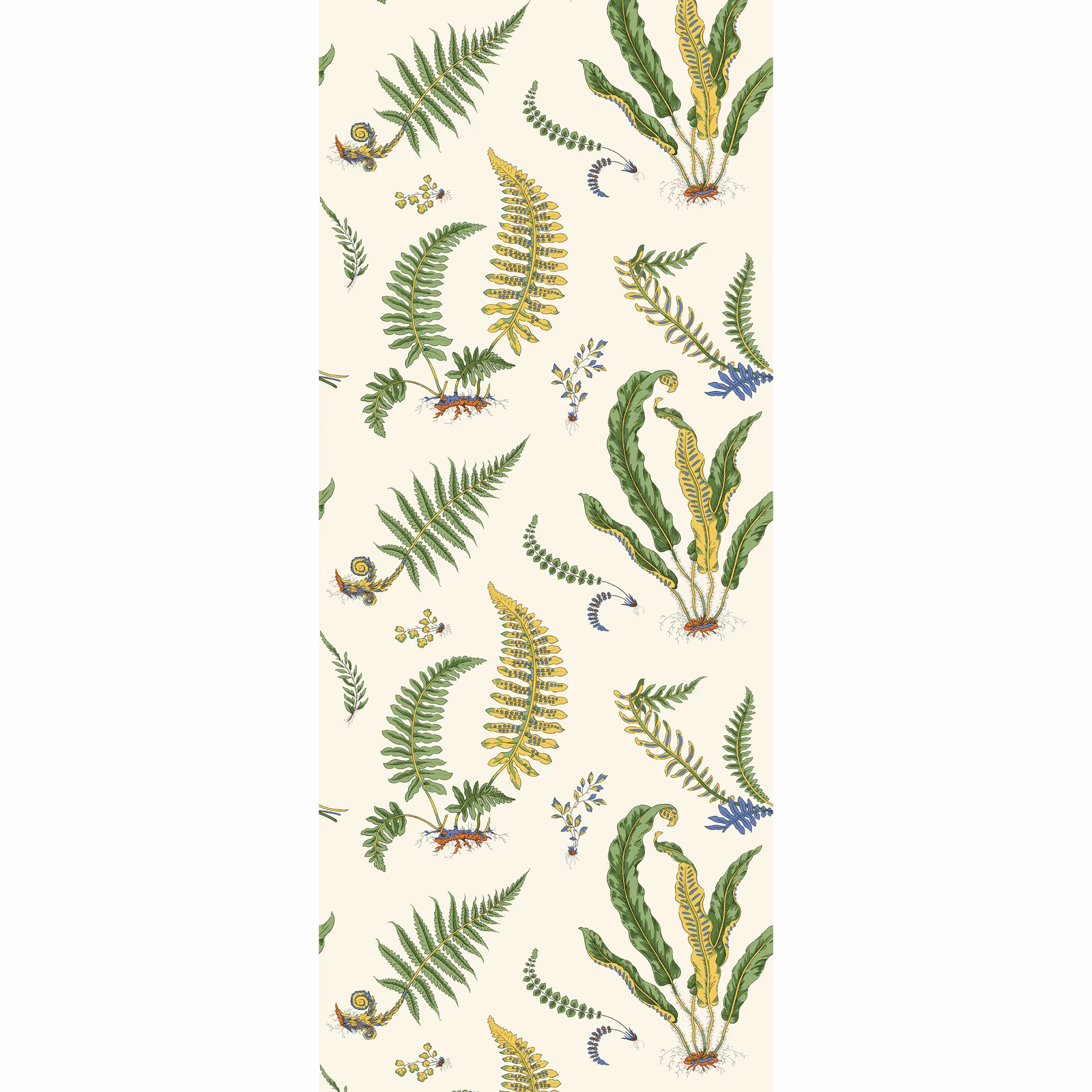 Emerald and olive fern illustrations with ochre fronds on a cream ground