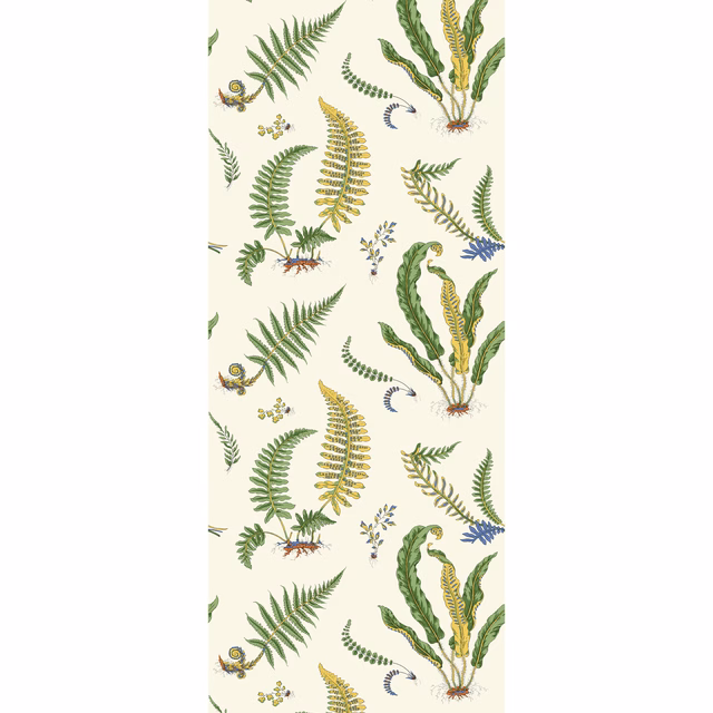 Emerald and olive fern illustrations with ochre fronds on a cream ground