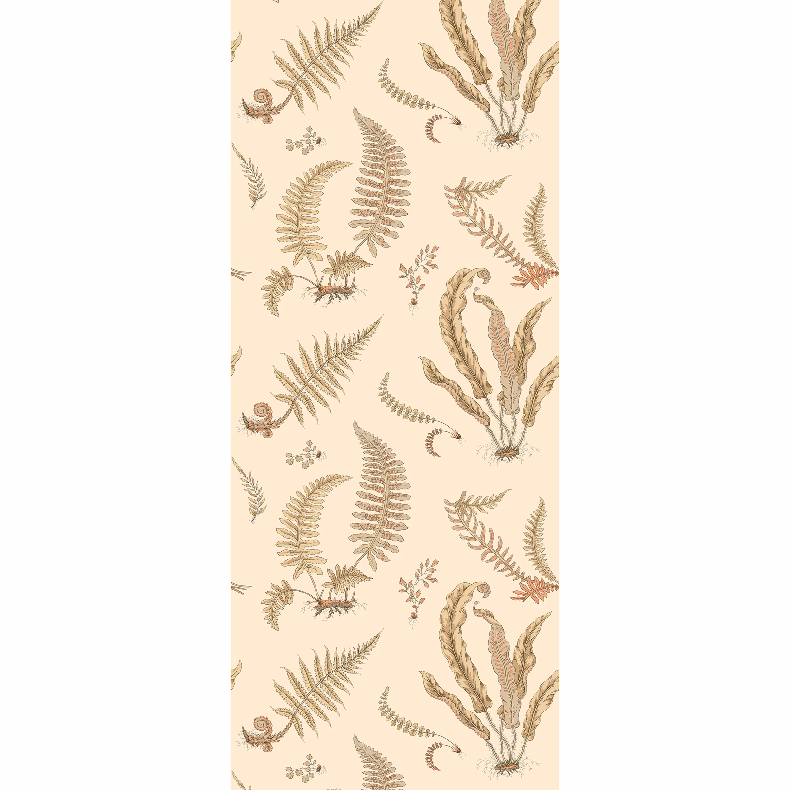 Parchment cream wallpaper with taupe, olive and brown fern fronds