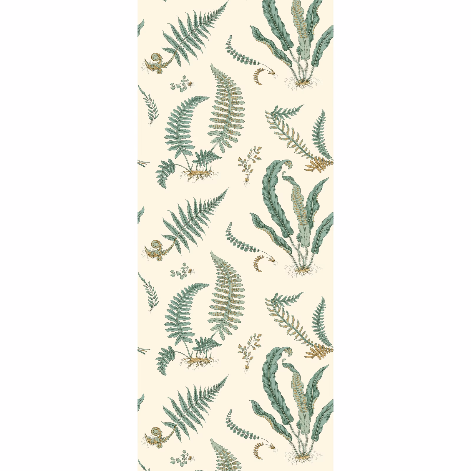 Cream wallpaper with repeating verdigris fern fronds and delicate botanical sprigs
