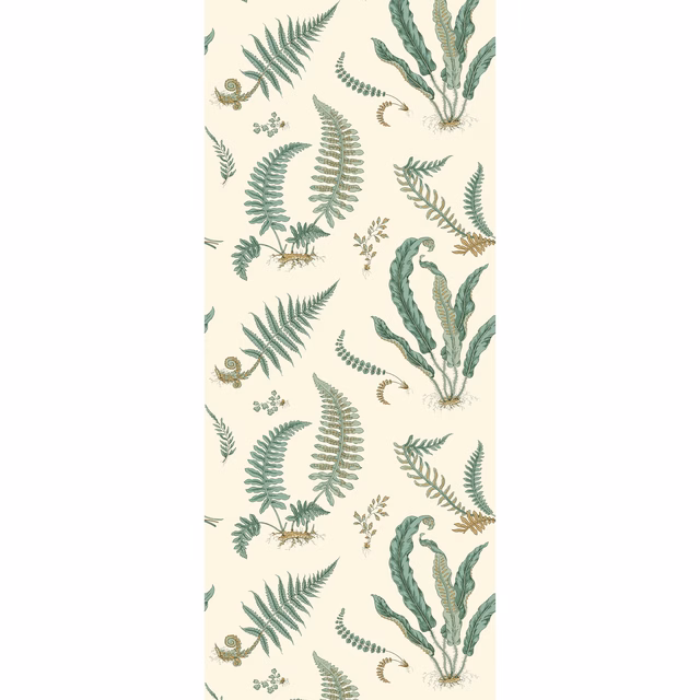 Cream wallpaper with repeating verdigris fern fronds and delicate botanical sprigs