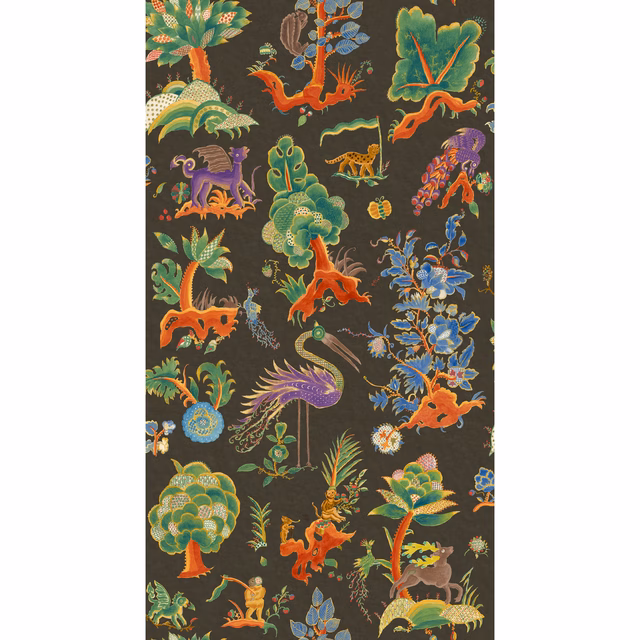Charcoal wallpaper with jewel-toned birds, animals, flowers and curling orange foliage