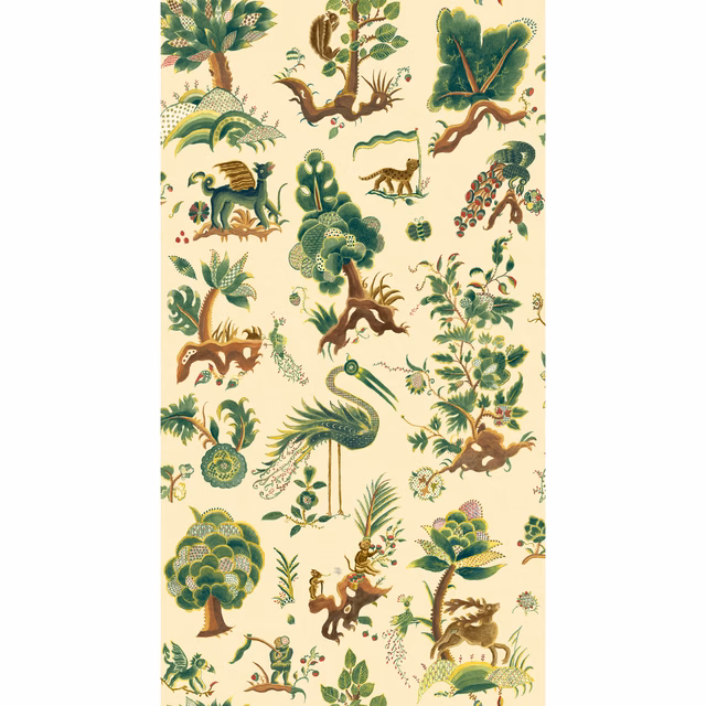 Cream wallpaper with green botanical scenes, birds, deer and a central peacock