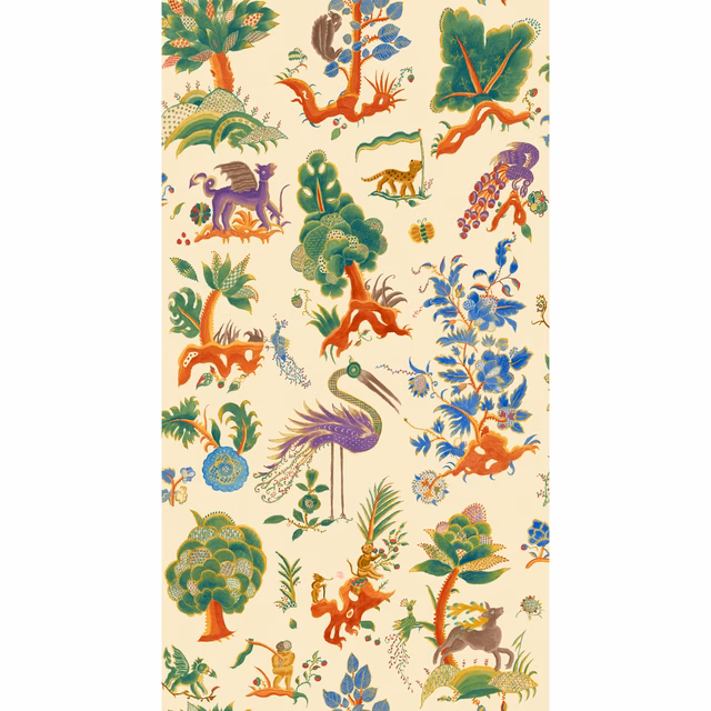 Cream wallpaper with jewel-toned birds, trees, flowers and a central purple flamingo