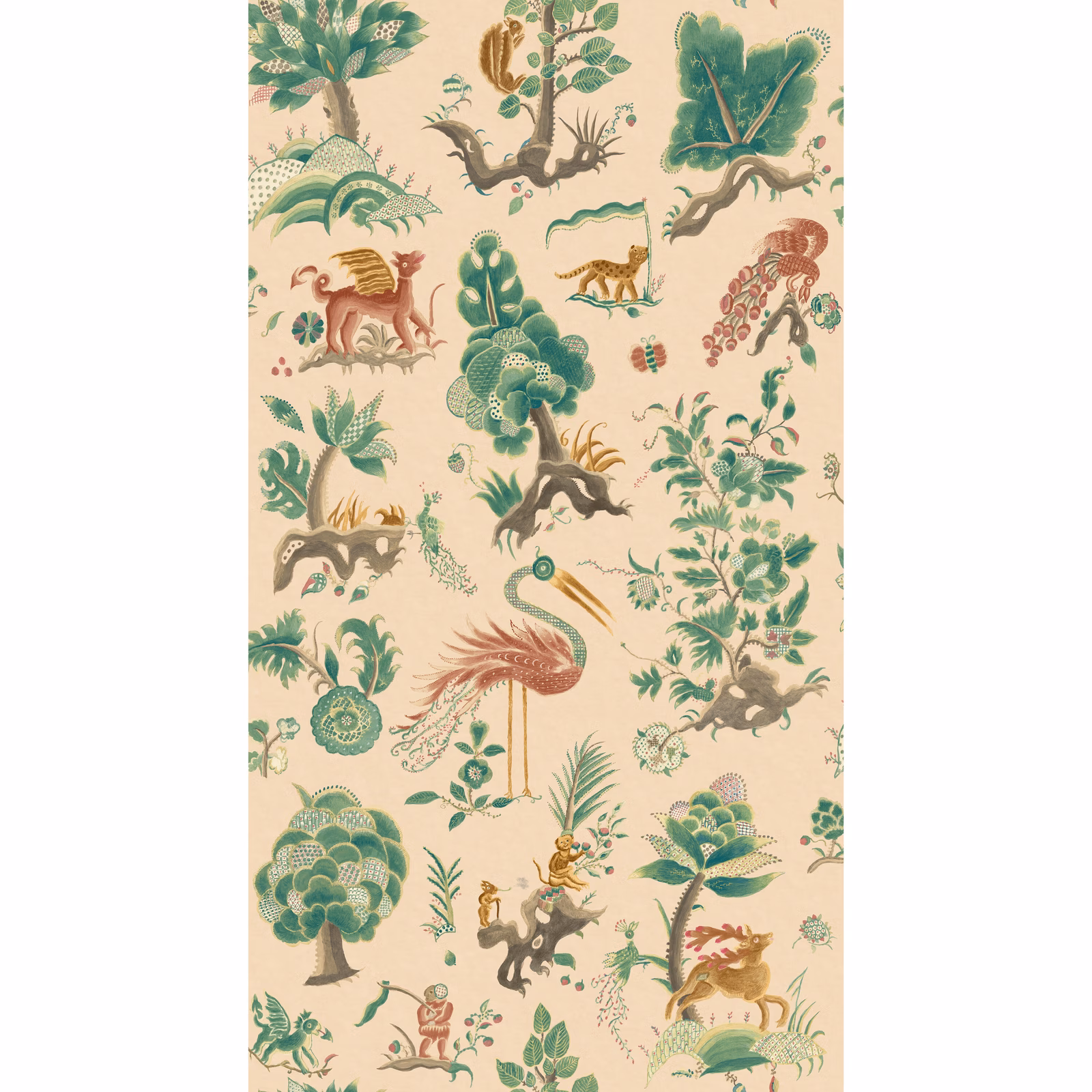 Warm plaster-beige wallpaper with muted green trees, flamingo, monkeys and botanical animals