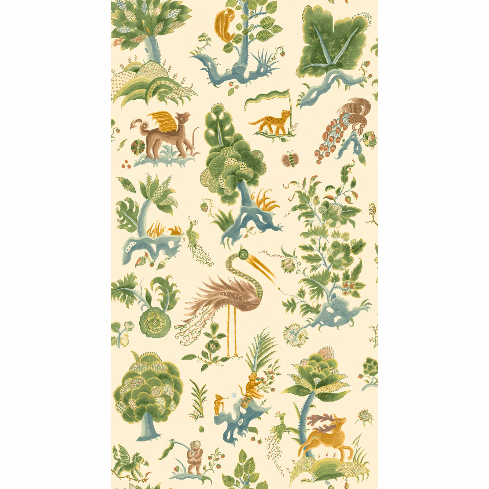 Cream wallpaper with sage foliage, aqua animals, birds, flowers and a flamingo