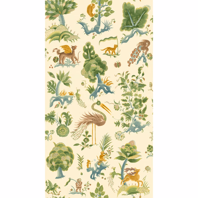 Cream wallpaper with sage foliage, aqua animals, birds, flowers and a flamingo
