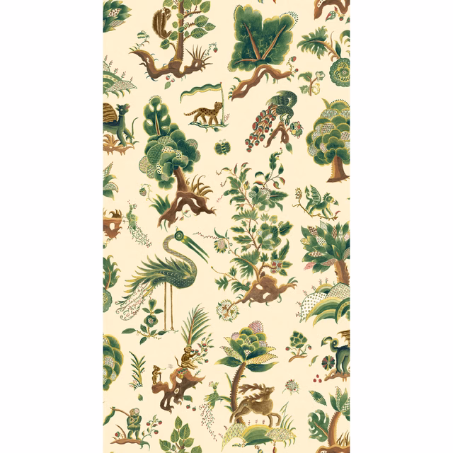Cream wallpaper with muted green trees, birds, animals and curling botanical branches
