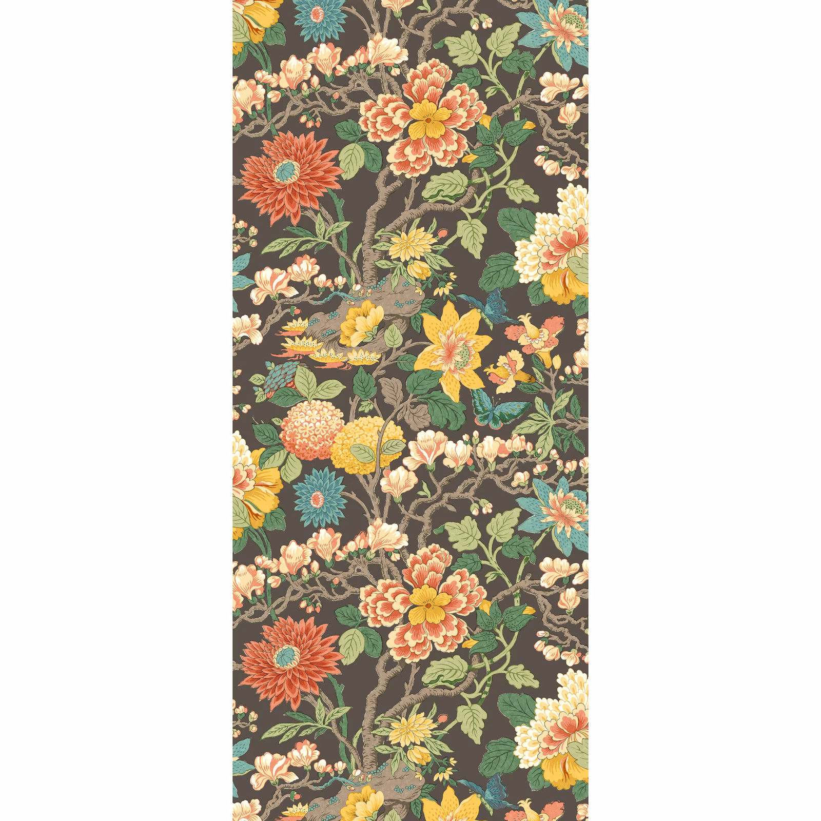 Dense charcoal botanical wallpaper with coral, mustard, teal and cream flowers