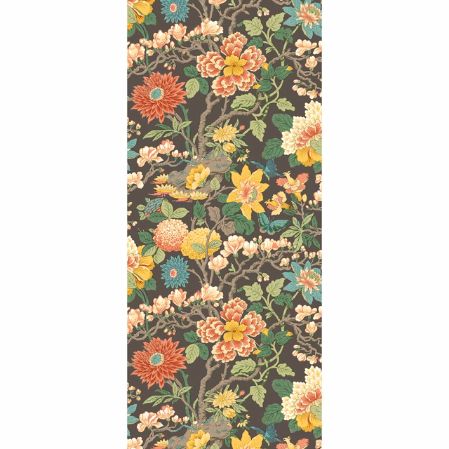 Dense charcoal botanical wallpaper with coral, mustard, teal and cream flowers