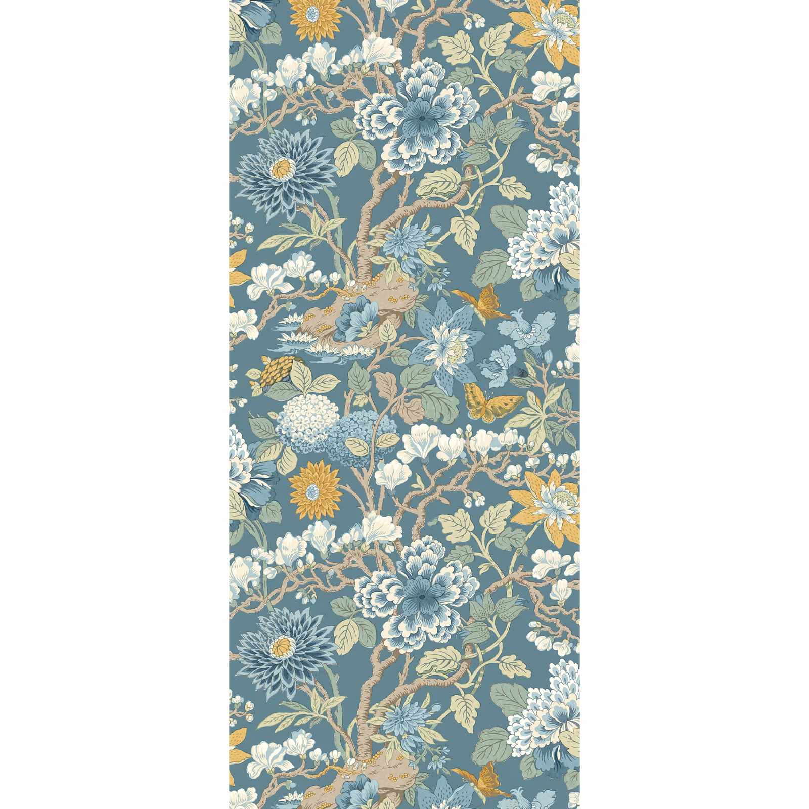 Dusty teal wallpaper with cream magnolia blooms, ochre flowers and curling branches