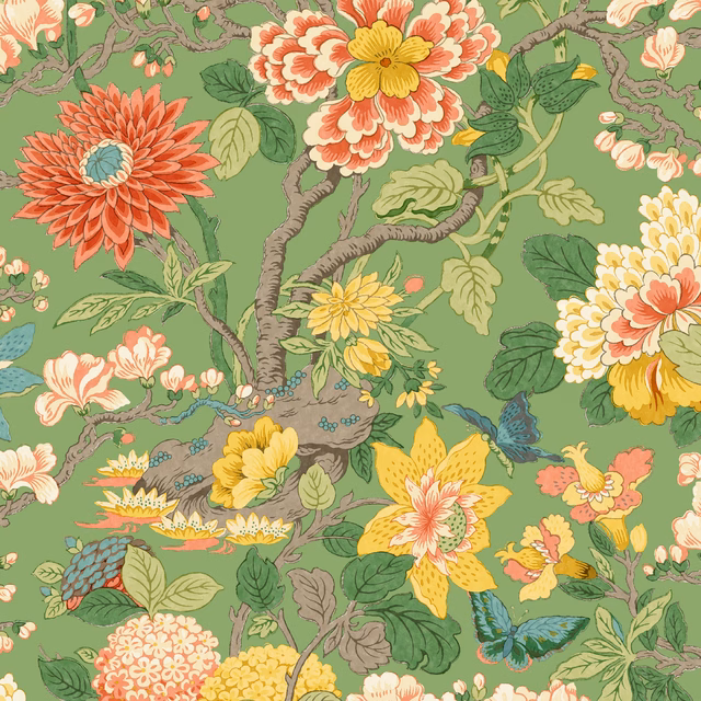 Muted emerald botanical wallpaper with coral flowers, yellow blooms, branches and blue butterflies