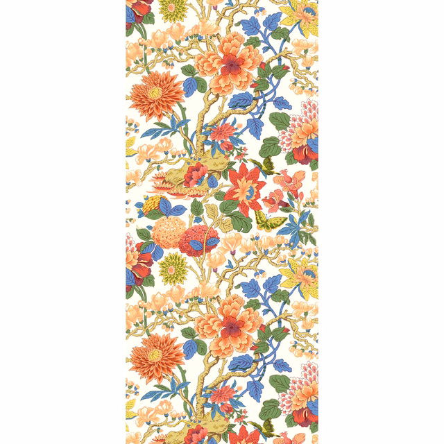 Cream botanical wallpaper with coral, red, blue and green flowering branches