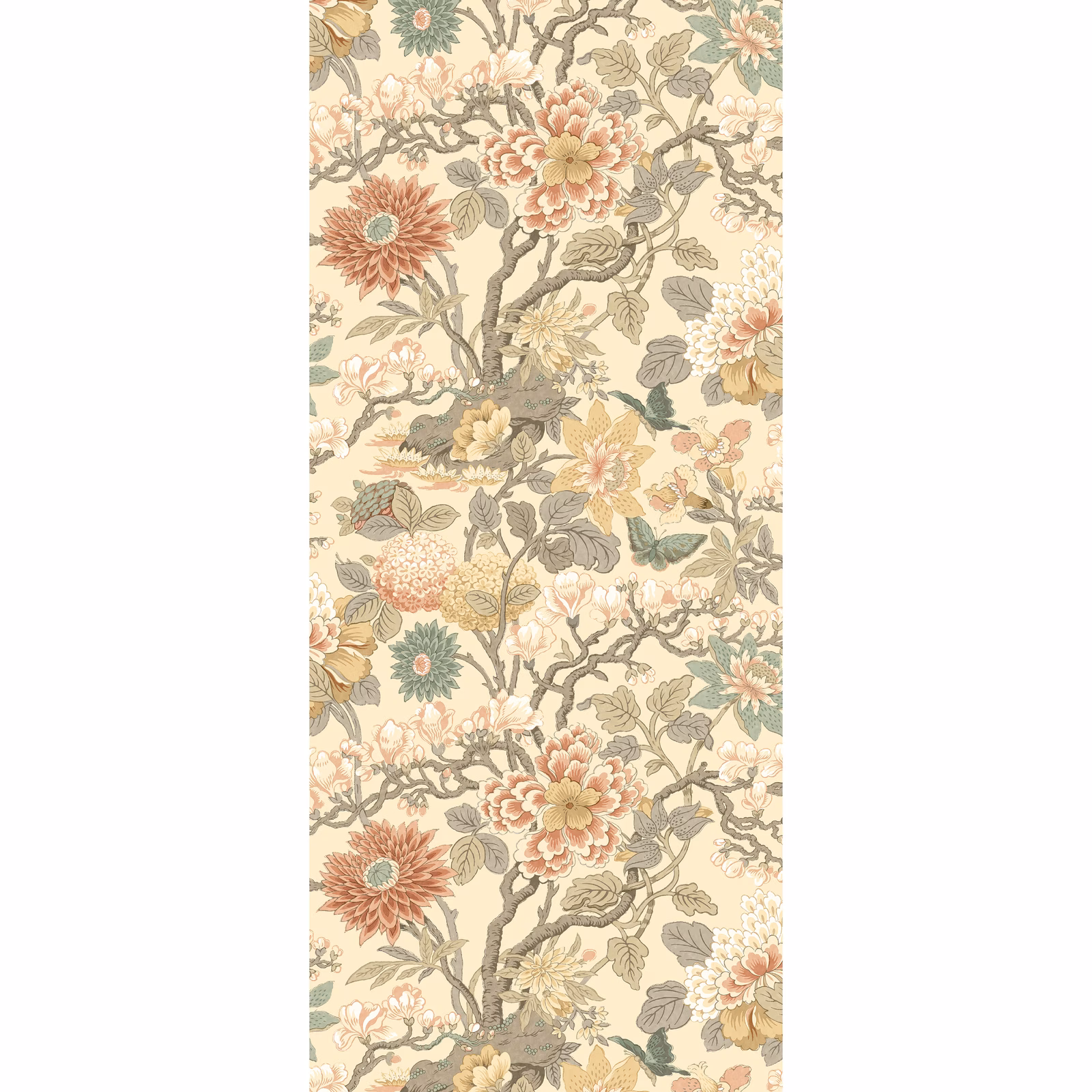 Powder-cream wallpaper with coral magnolias, sage leaves and taupe branching stems