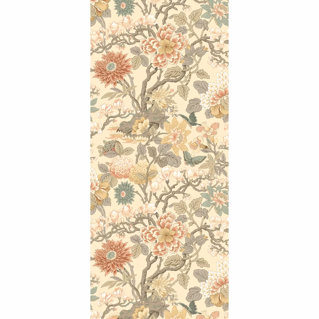Powder-cream wallpaper with coral magnolias, sage leaves and taupe branching stems