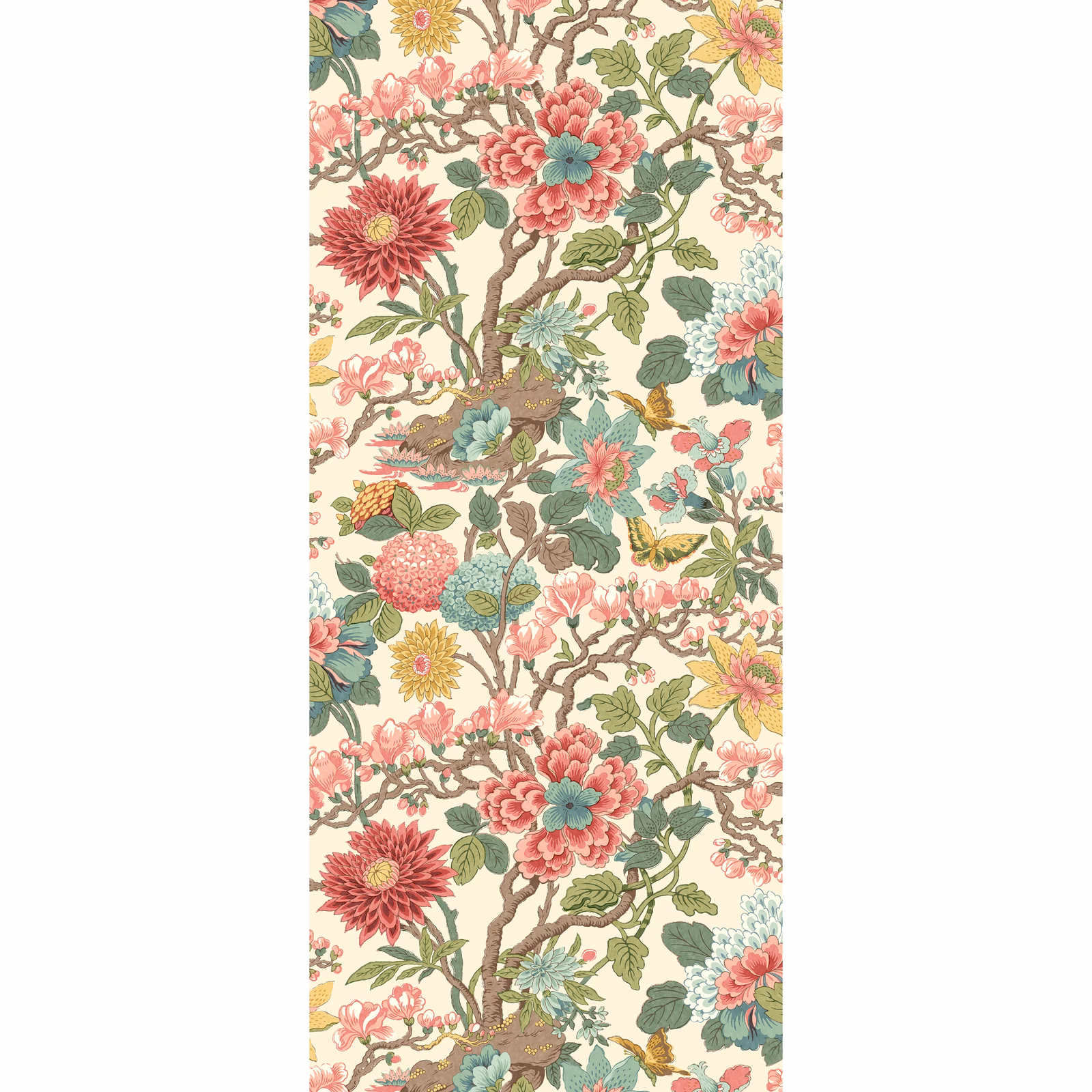 Cream wallpaper with rose-pink magnolias, teal flowers and branching green foliage