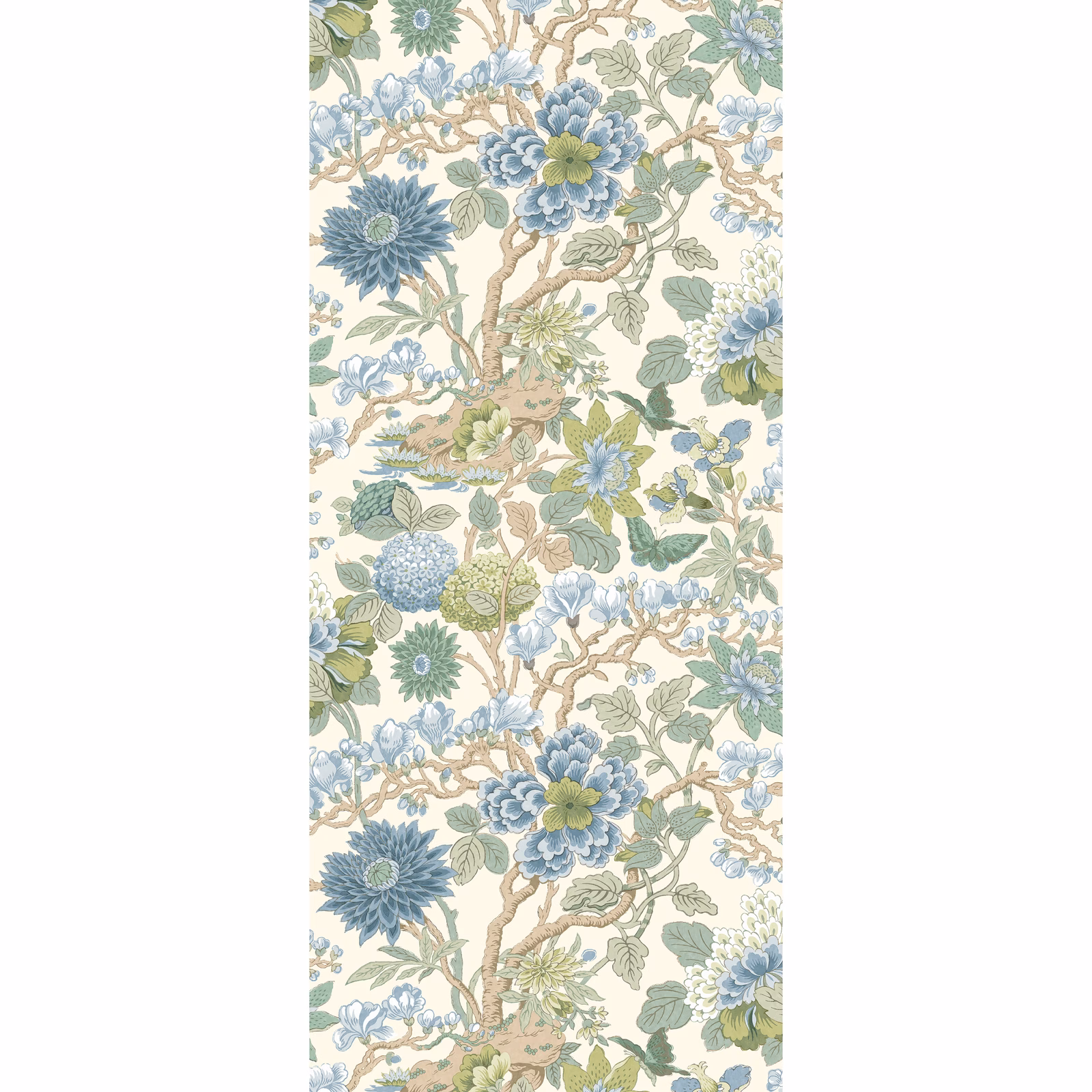 Ivory wallpaper with blue magnolia blossoms, sage leaves and tan branching stems