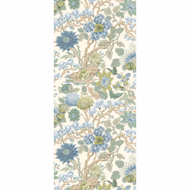 Ivory wallpaper with blue magnolia blossoms, sage leaves and tan branching stems