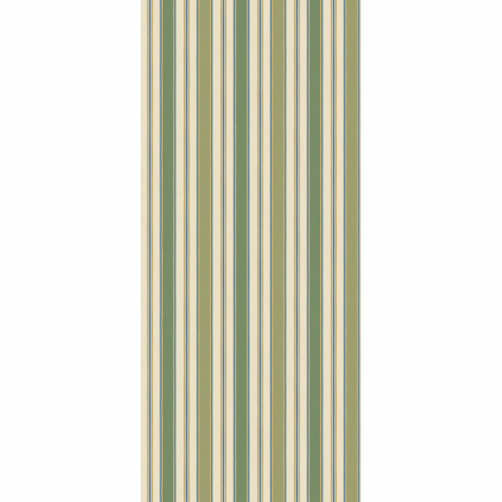 Fine vertical wallpaper stripes in sage green, muted blue and soft cream