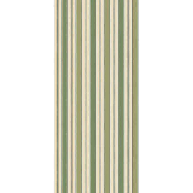 Fine vertical wallpaper stripes in sage green, muted blue and soft cream