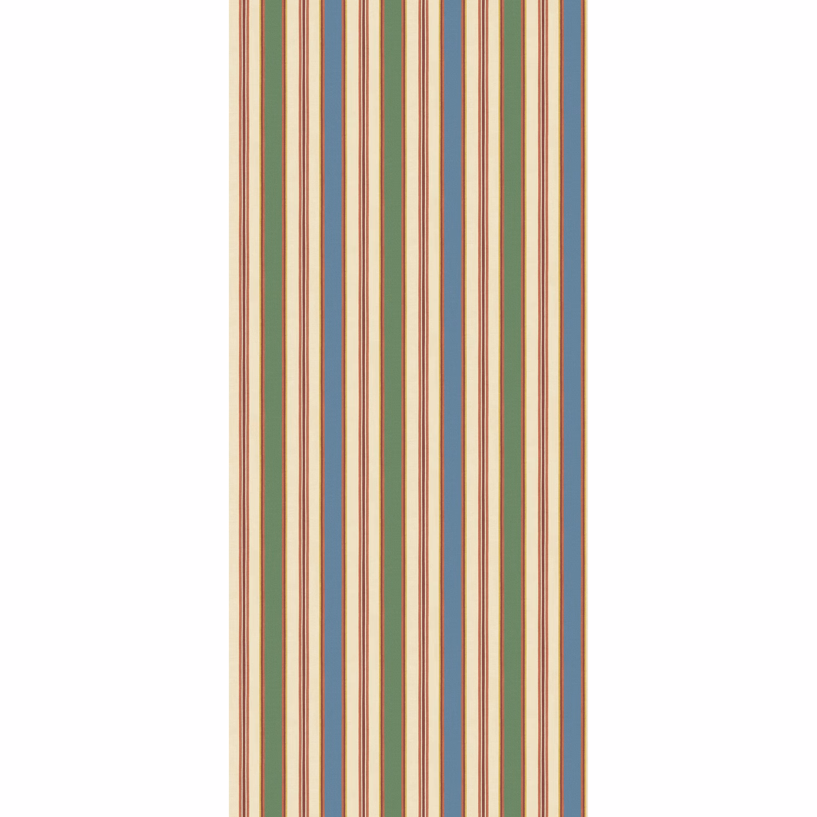 Muted sage, rust, blue-grey and cream vertical stripes on a wallpaper swatch