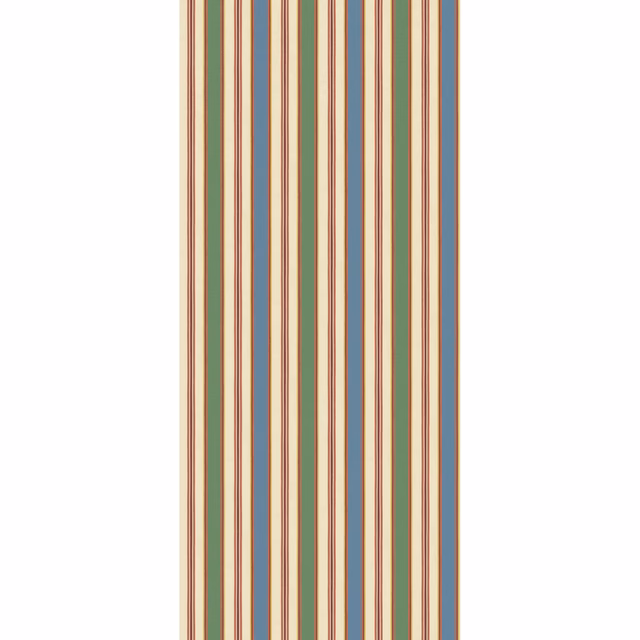 Muted sage, rust, blue-grey and cream vertical stripes on a wallpaper swatch