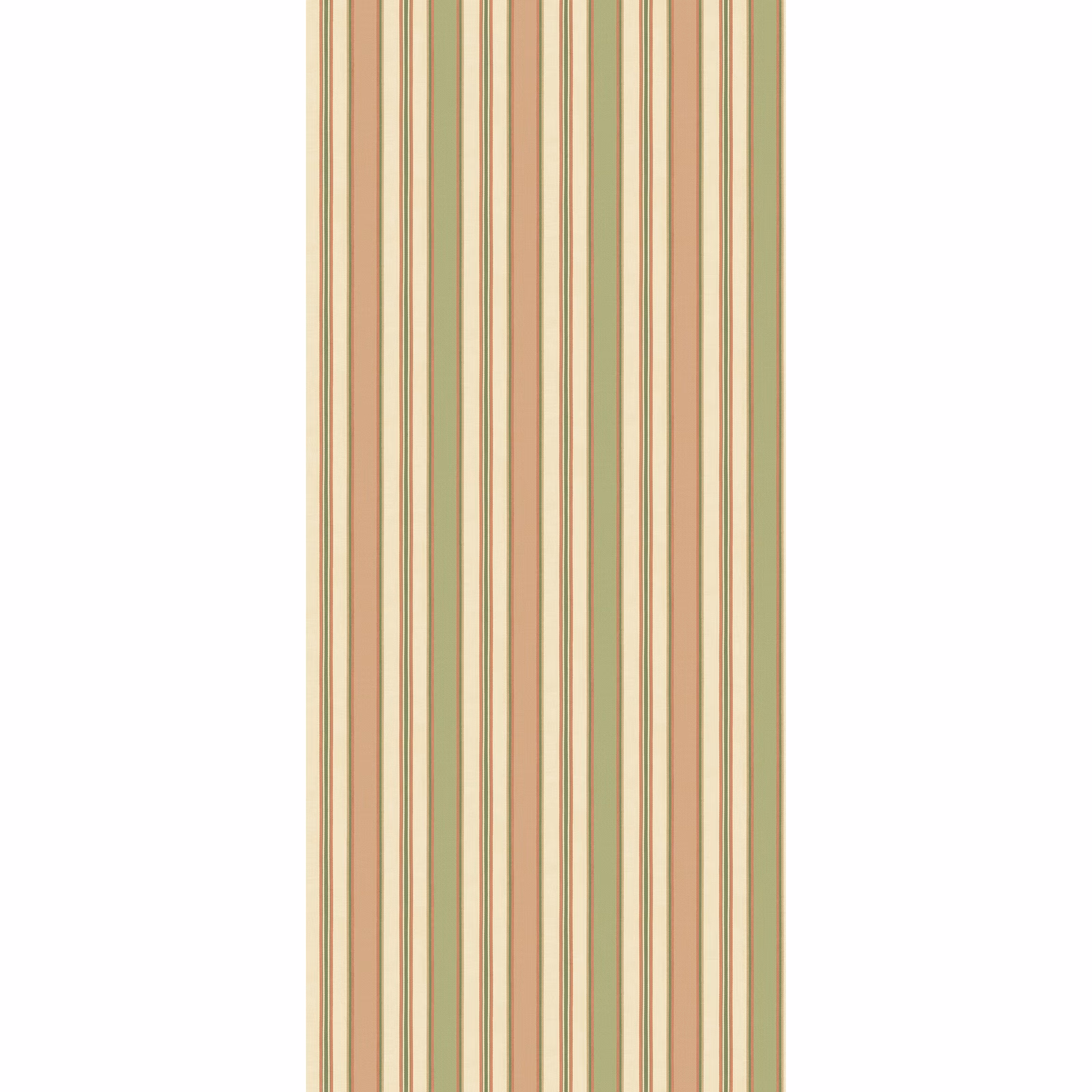 Soft red, sage green and cream fine vertical stripes on non-woven wallpaper
