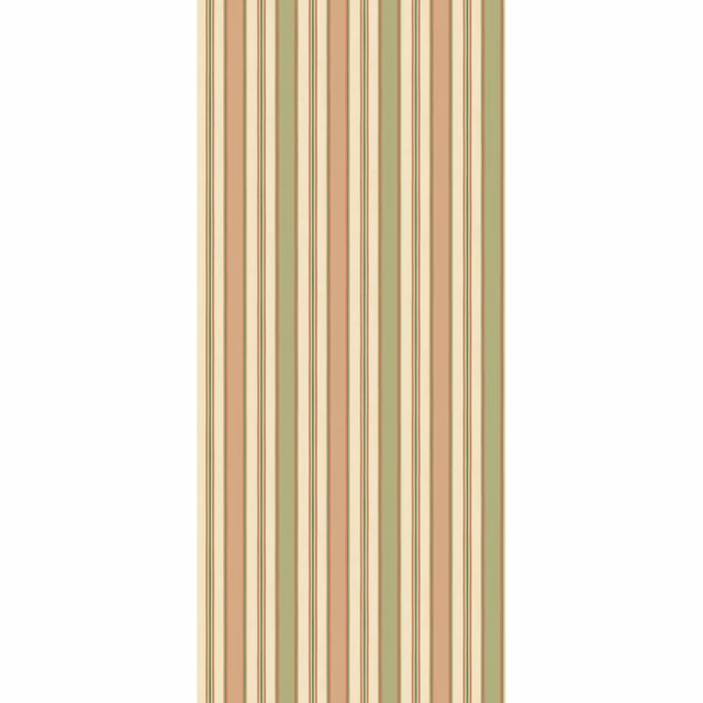 Soft red, sage green and cream fine vertical stripes on non-woven wallpaper
